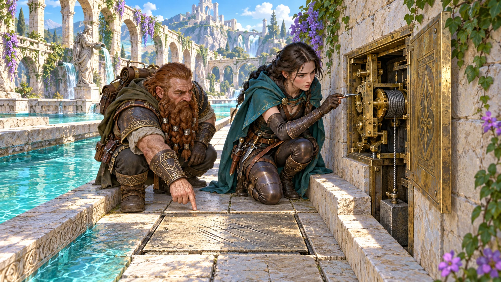 Fantasy illustration of adventurers investigating a pressure surface beside an exposed mechanical linkage in a ruined courtyard