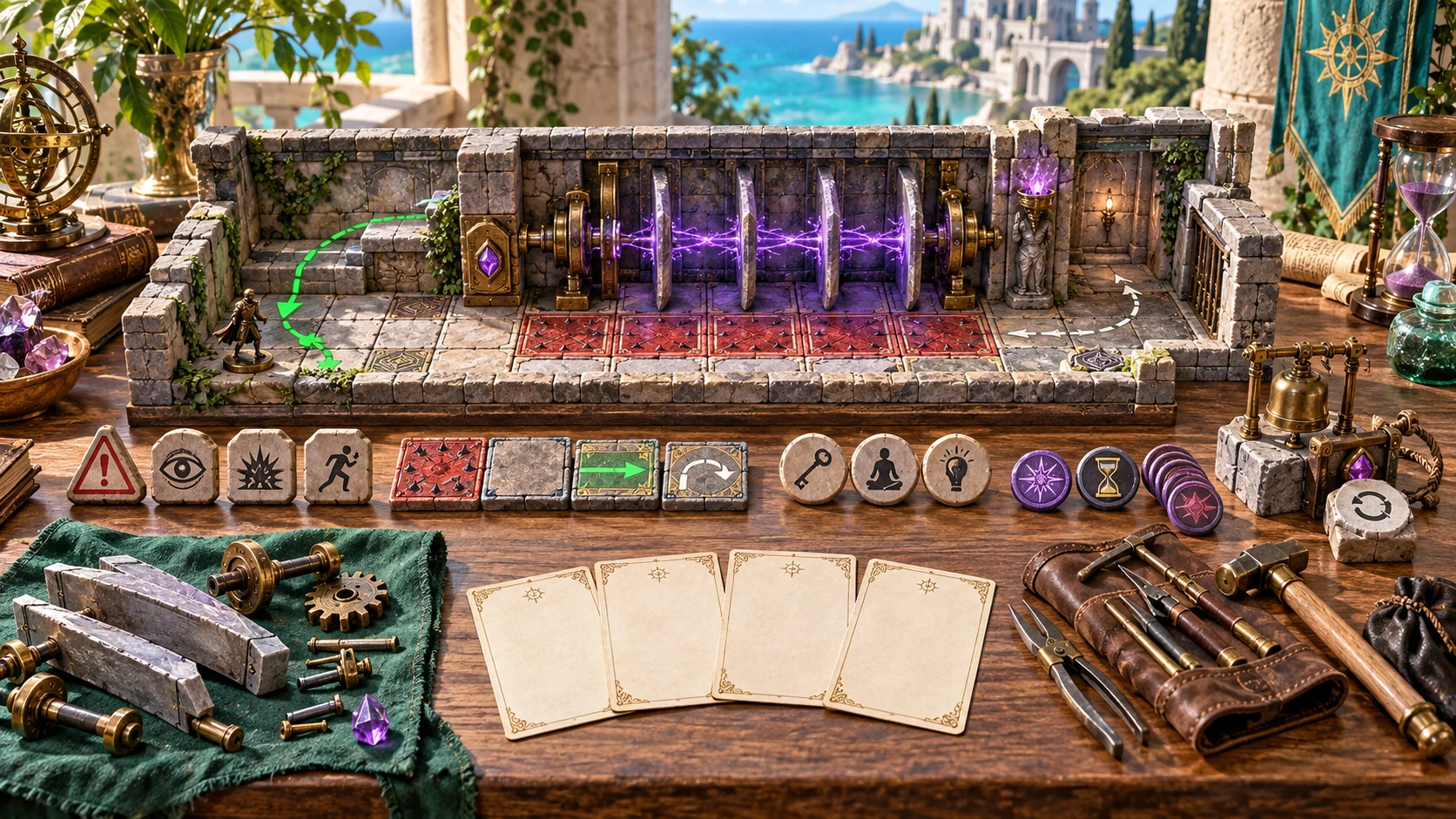 Fantasy illustration of a miniature warded passage with marked danger surfaces, a safer route, mechanism, blank cards and clue, effect and reset tokens