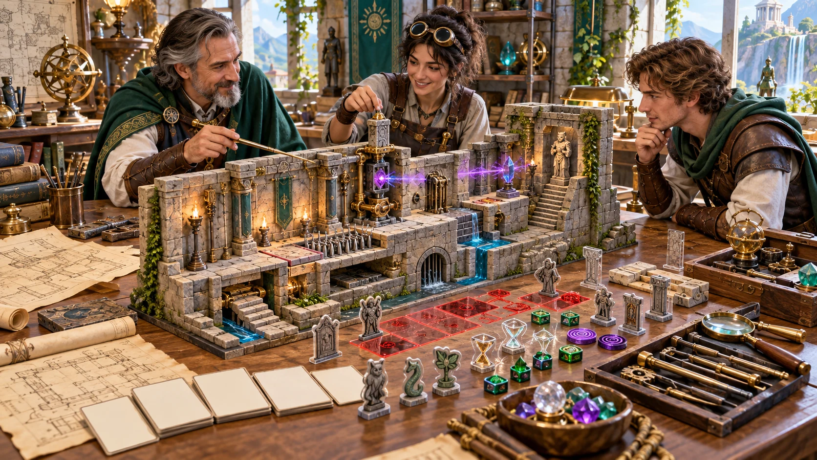 Fantasy illustration of a designer and adventurers studying a miniature ruin with pressure surfaces, magical wards and hazard tokens